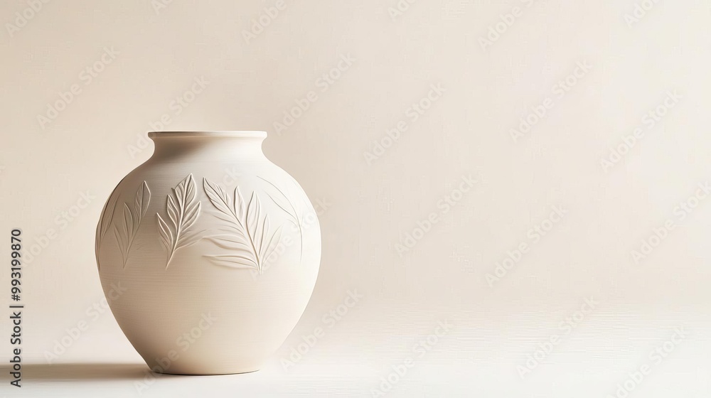 Pottery jar with a smooth, matte finish and subtle leaf patterns, representing the simplicity of ancient craftsmanship Pottery jar with a smooth, matte finish and subtle leaf patterns, representing the simplicity of ancient craftsmanship
