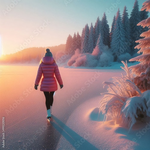 woman in winter down jacket skates on frozen lake