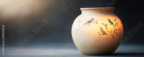 Pottery jar with faint bird engravings, glowing under soft moonlight, suggesting ancient shamanistic rituals photo