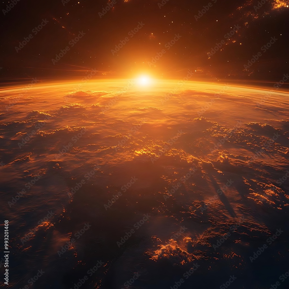 Fototapeta premium Sunrise From Space Illustration, Earth, Atmosphere, and Starry Sky