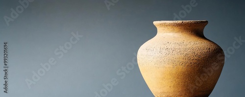 Pottery jar with rough, earthy textures and faded ochre tones, resembling the pottery of prehistoric cave dwellers photo