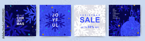 Merry Christmas and Happy New Year Set of greeting card, poster, holiday cover. Christmas sale, social media post with snowflakes in blue color. Winter illustration for ads, print, season banner 