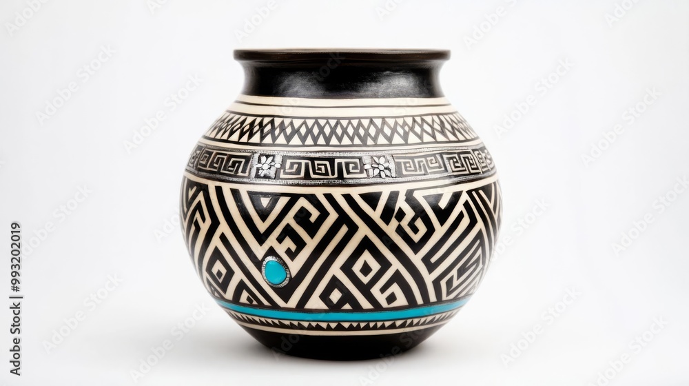 Pottery jar with silver inlays and turquoise accents, reflecting the craftsmanship of the ancient Incas Pottery jar with silver inlays and turquoise accents, reflecting the craftsmanship of the ancient Incas