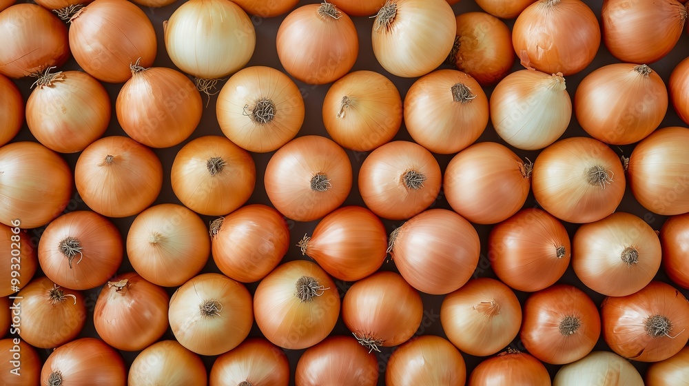 A close-up view of fresh, whole onions arranged neatly on a flat surface, showcasing their smooth textures and varying sizes in natural light A close-up view of fresh, whole onions arranged neatly on a flat surface, showcasing their smooth textures and varying sizes in natural light