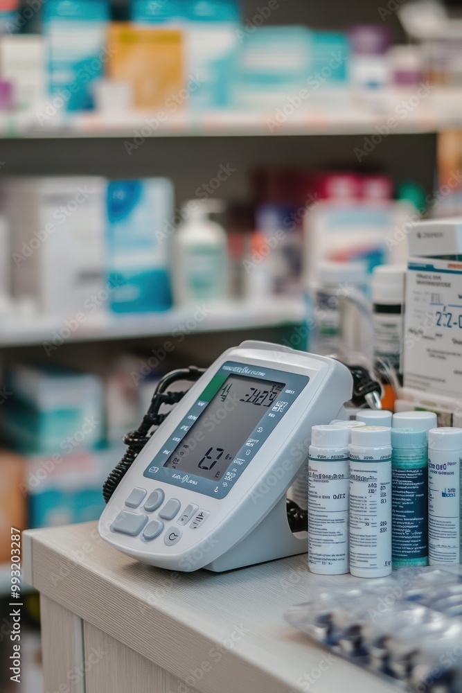 A medical device on a pharmacy counter with various health products in the background. A medical device on a pharmacy counter with various health products in the background.