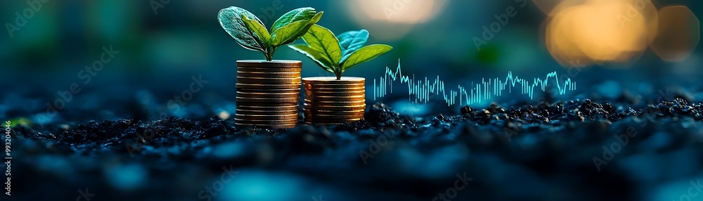 Financial Growth Concept Photo: Plants Sprouting from Coins with Stock Market Chart