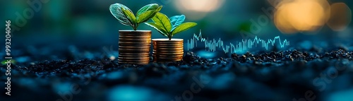 Obraz na płótnie Financial Growth Concept Photo: Plants Sprouting from Coins with Stock Market Chart w salonie