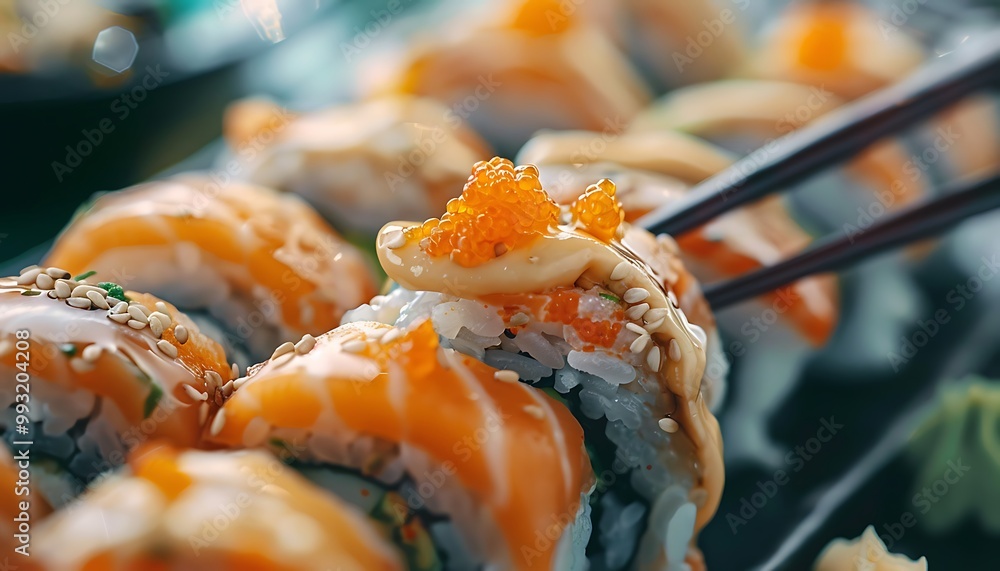 Sushi rolls with salmon, cucumber, cream cheese and sesame seeds Sushi rolls with salmon, cucumber, cream cheese and sesame seeds