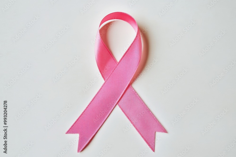 View from above of pink ribbon curled with highlights against a white background View from above of pink ribbon curled with highlights against a white background