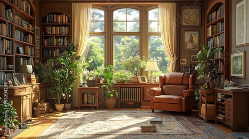 Cozy Reading Room With Sunlight Streaming Through Windows