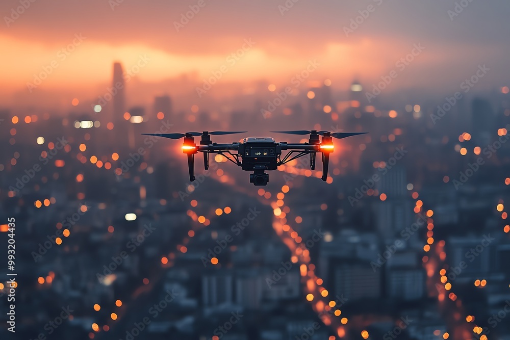 A drone flying over a city at sunset, with the cityscape in the background. A drone flying over a city at sunset, with the cityscape in the background.