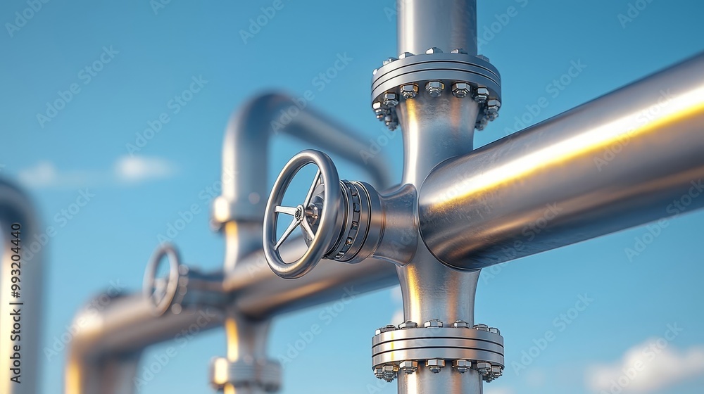 Close-up of gleaming pipelines at an oil refinery, energy infrastructure, polished metal surfaces, bright sunlight reflecting off the pipes, open blue sky backdrop