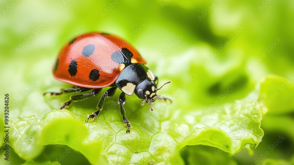 Fototapeta premium A gardener using natural pest control methods, with ladybugs and other beneficial insects among the plants, emphasizing organic gardening techniques.