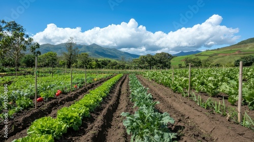 A picturesque landscape shot of a permaculture garden, integrating fruit trees, vegetables, and natural habitats, exhibiting the harmony between agriculture and nature. photo