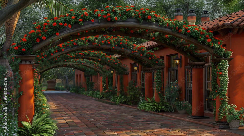 Obraz premium Arched Garden Walkway with Red Flowering Vines and Brick Path