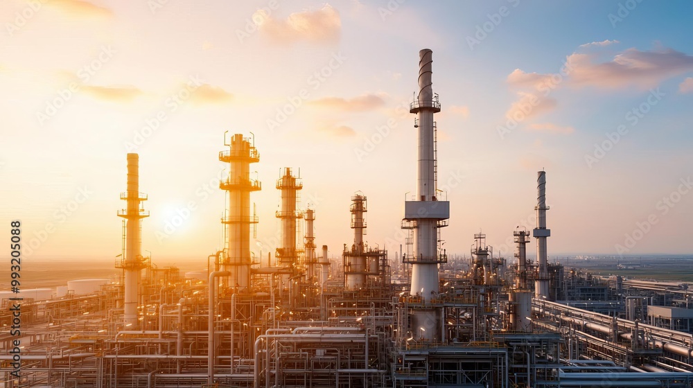 Fototapeta premium Aerial view of a massive oil refinery, complex network of energy pipelines, sprawling industrial plant, breathtaking landscape, early morning light casting long shadows