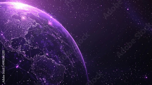 Network of blockchains - Abstract color dots on a bright purple planet, floating around geometric particles.