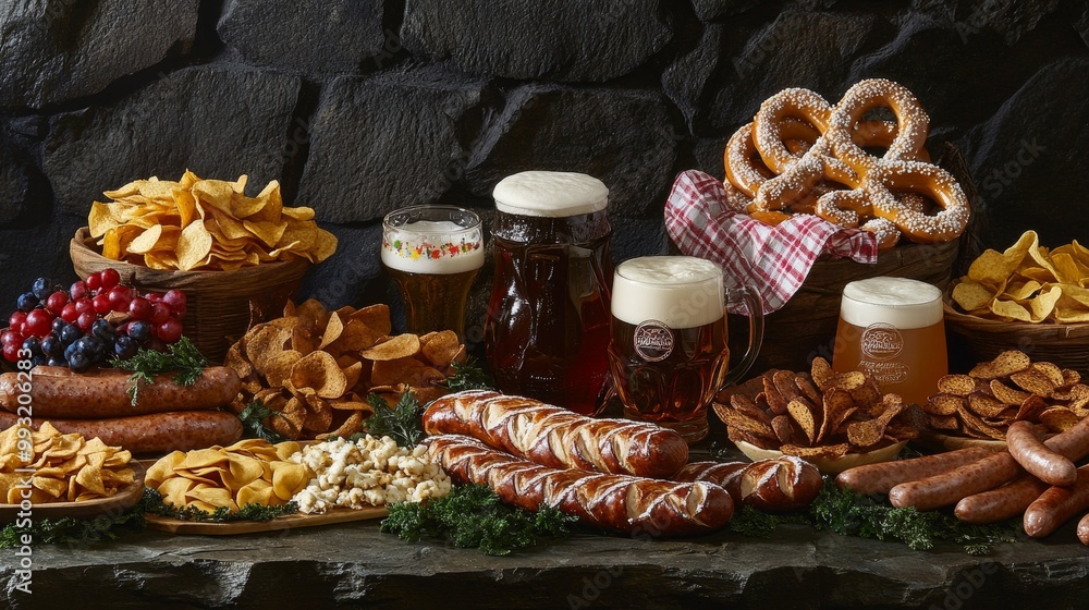 Pretzels, beer, sausages, potato chips, and Bavarian fabric adorn this Oktoberfest display against a dark stone backdrop. Pretzels, beer, sausages, potato chips, and Bavarian fabric adorn this Oktoberfest display against a dark stone backdrop.