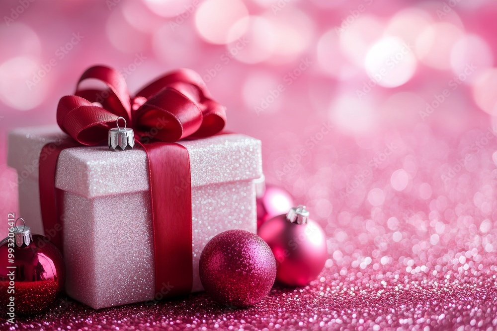 Gifts and silver and red Christmas balls on a red glitter background Gifts and silver and red Christmas balls on a red glitter background