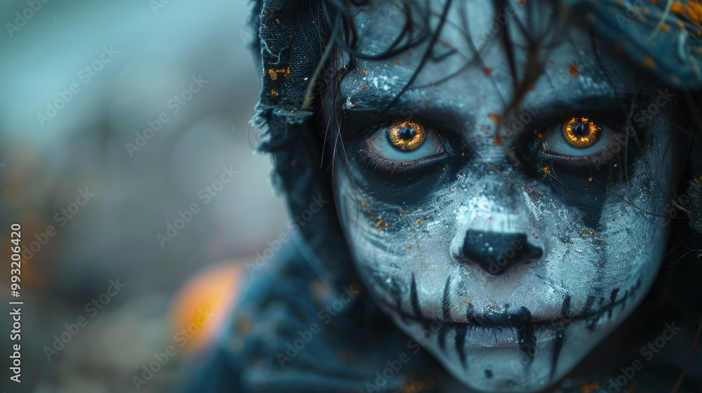 Halloween, the spookiest day of the year. A close-up shot of a child's face being transformed into a spooky character with makeup, their eyes wide with wonder and excitement Halloween, the spookiest day of the year. A close-up shot of a child's face being transformed into a spooky character with makeup, their eyes wide with wonder and excitement