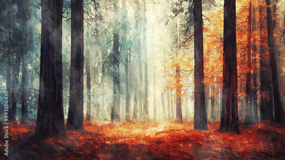 Sequoia tree forest in California at rainy autumn day. Abstract illustration in artistic painting style. Generative Ai Sequoia tree forest in California at rainy autumn day. Abstract illustration in artistic painting style. Generative Ai