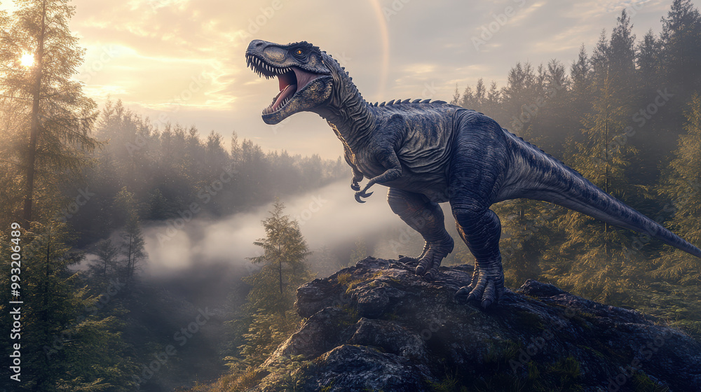 A dinosaur roaring triumphantly atop a rocky outcrop, surrounded by a misty forest below. The fog swirls around its legs, and the light