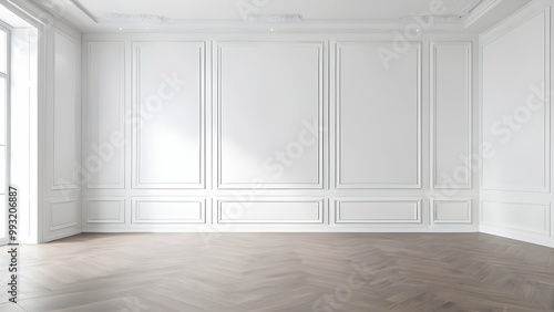 Empty room interior against white classic wall panels. Modern studio design. Bright minimalist space. Luxury space for displaying product. photo