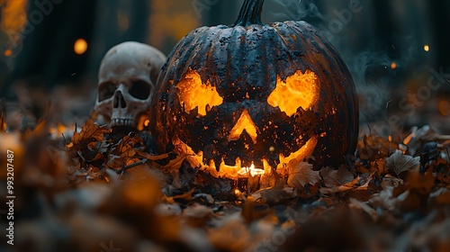 13. A scary Halloween night scene with a large jack-o'-lantern, a skull peeking out from a pile of leaves, and a ghostly figure hovering nearby. photo