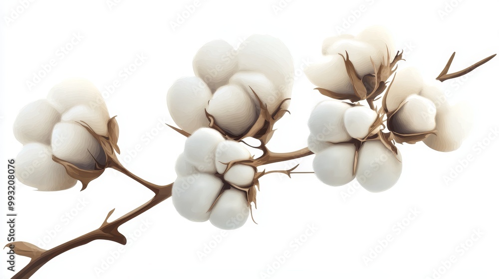 Realistic cotton flowers, dry fiber ball flower seed plant branch cottons, exact vector illustration of cotton material. Realistic cotton flowers, dry fiber ball flower seed plant branch cottons, exact vector illustration of cotton material.