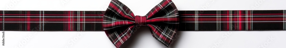 A long Christmas border with red and black buffalo plaid bows and ribbons isolated on white A long Christmas border with red and black buffalo plaid bows and ribbons isolated on white
