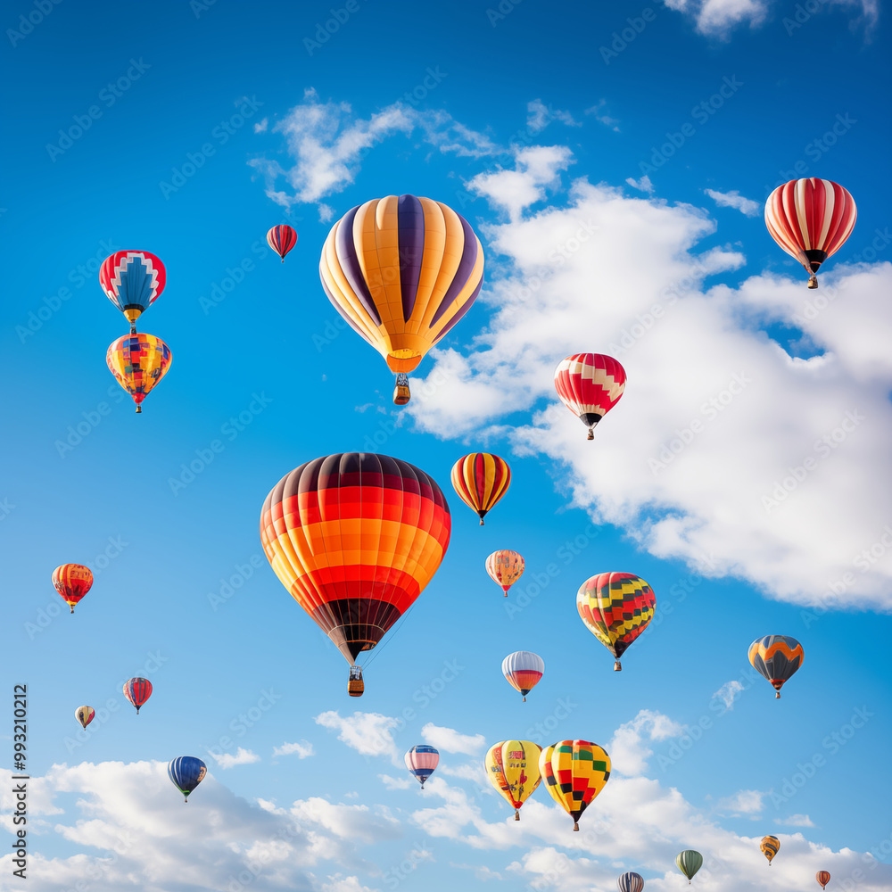 Multiple Hot Air Balloons Flying In Blue Sky With Clouds Multiple Hot Air Balloons Flying In Blue Sky With Clouds
