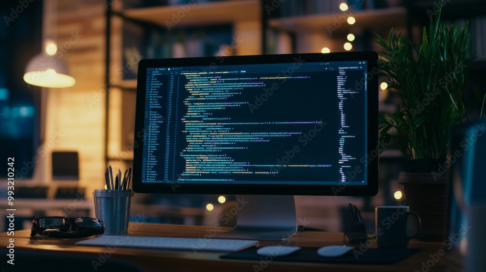 Source code, programming code on a computer screen, developers working ...