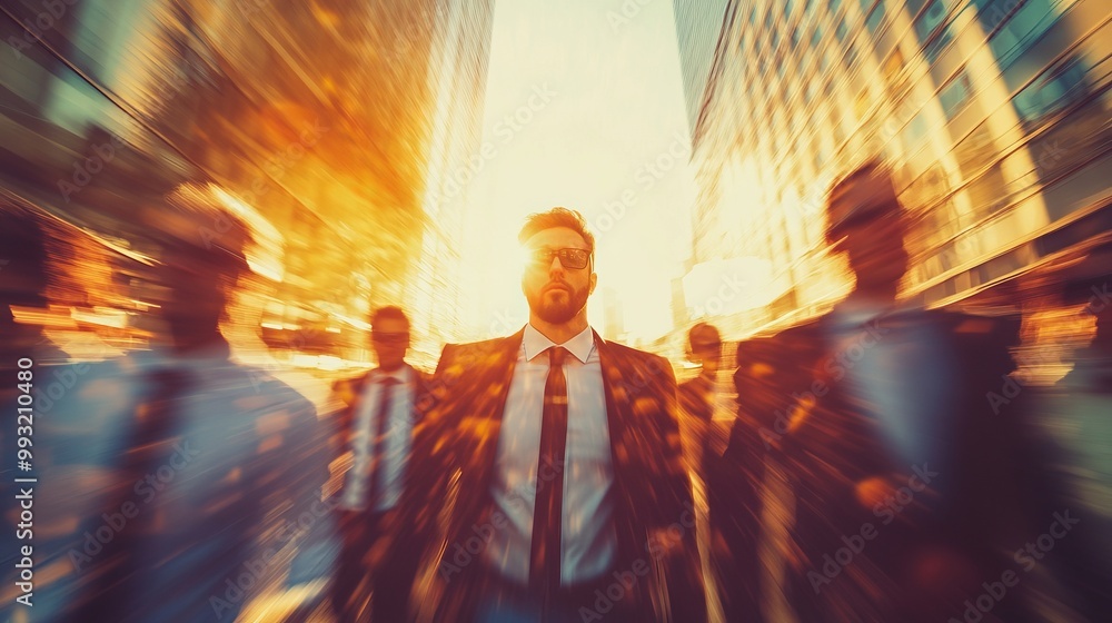 Obraz premium Businesspeople Commuting in Dynamic City Skyline with High-Rise Buildings