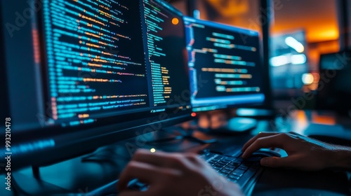 Source code, programming code on a computer screen, developers working on codes, source code photo, technology background.