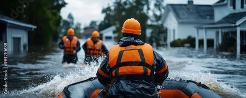 Wallpaper Mural Rescue workers navigate a flooded area in an inflatable boat, showcasing efforts to provide aid amidst severe weather conditions. Torontodigital.ca