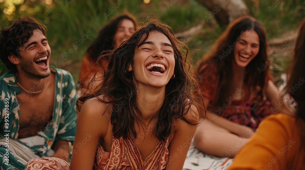 Fototapeta premium A group of friends laughing and enjoying a picnic, their faces showing pure happiness