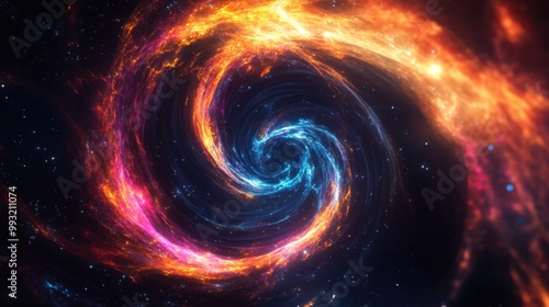 A swirling 3D nebula shape with vibrant colors and luminous trails