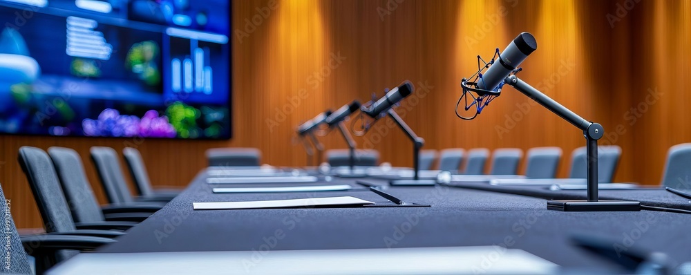 Conference room setup showcasing a U-shaped table configuration with microphones and digital screens placed in front of each seat Conference room setup showcasing a U-shaped table configuration with microphones and digital screens placed in front of each seat