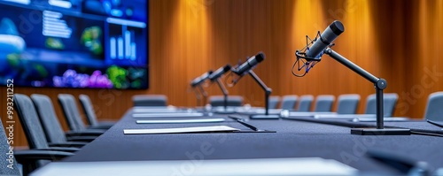 Conference room setup showcasing a U-shaped table configuration with microphones and digital screens placed in front of each seat photo