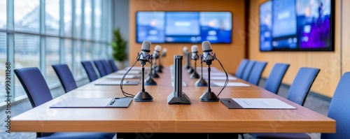 Obraz na płótnie Conference room setup showcasing a U-shaped table configuration with microphones and digital screens placed in front of each seat w salonie