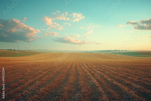 An empty, freshly plowed field under a soft, pastel-colored sky. Generative AI