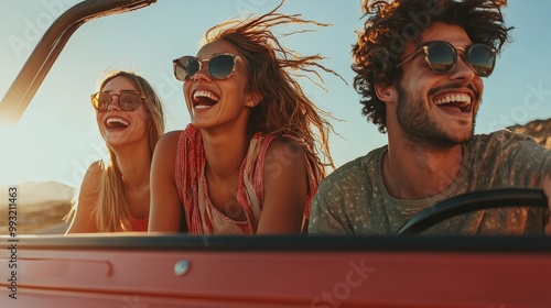 A group of friends on a road trip, laughing and bonding during the journey, representing friendship and adventure photo