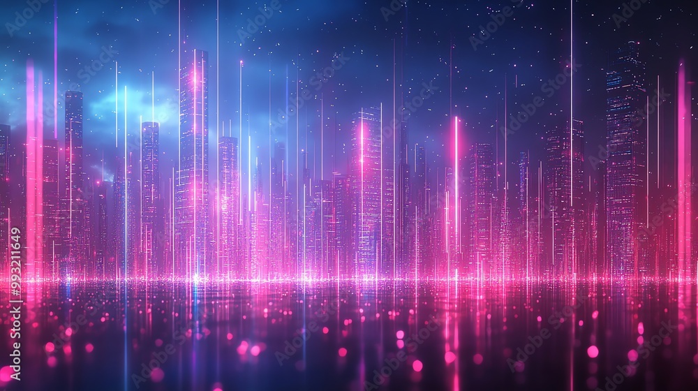 A futuristic city skyline with neon lights reflecting off of a wet street. A futuristic city skyline with neon lights reflecting off of a wet street.