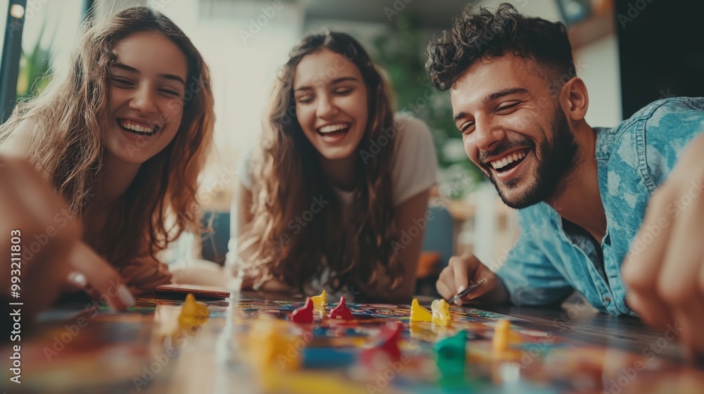 Fototapeta premium A group of friends playing board games at home, laughing and enjoying each other's company, representing friendship and fun