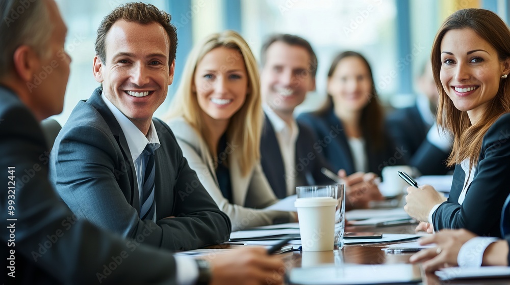 Successful Business Team Collaborating and Discussing Corporate Strategy in Office Successful Business Team Collaborating and Discussing Corporate Strategy in Office