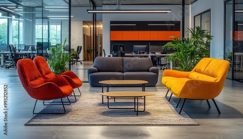 Corporate culture in a modern office with employees enjoying a collaborative workspace, vibrant atmosphere, sharp focus