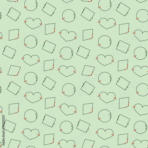Seamless pattern features frames with leaves and berry accent, on mint background.