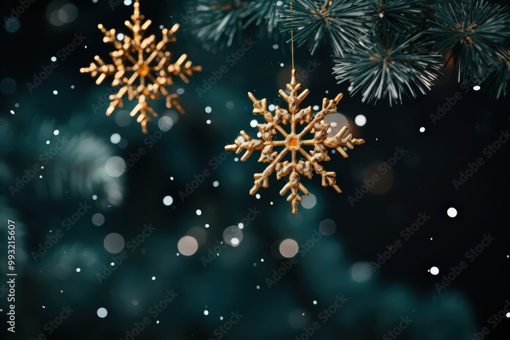 Beautiful golden shiny snowflakes on the background of a dark green Christmas tree. Christmas and New Year Decorations. Beautiful golden shiny snowflakes on the background of a dark green Christmas tree. Christmas and New Year Decorations.