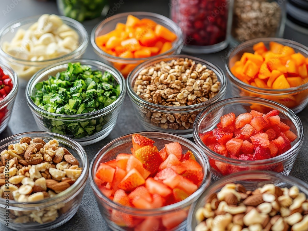 Healthy snacks preparation with fruits and nuts in a kitchen, fresh style, close-up, sharp focus, vibrant colors Healthy snacks preparation with fruits and nuts in a kitchen, fresh style, close-up, sharp focus, vibrant colors