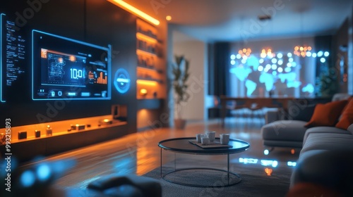 Internet of Things IoT devices connected in a smart home, futuristic style, sharp focus, bright lighting, high detail